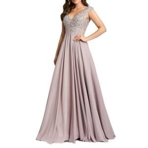 Mac Duggal Applique Cap Sleeve Bodice Flowy Gown Vintage Lilac Women’s Sz 8